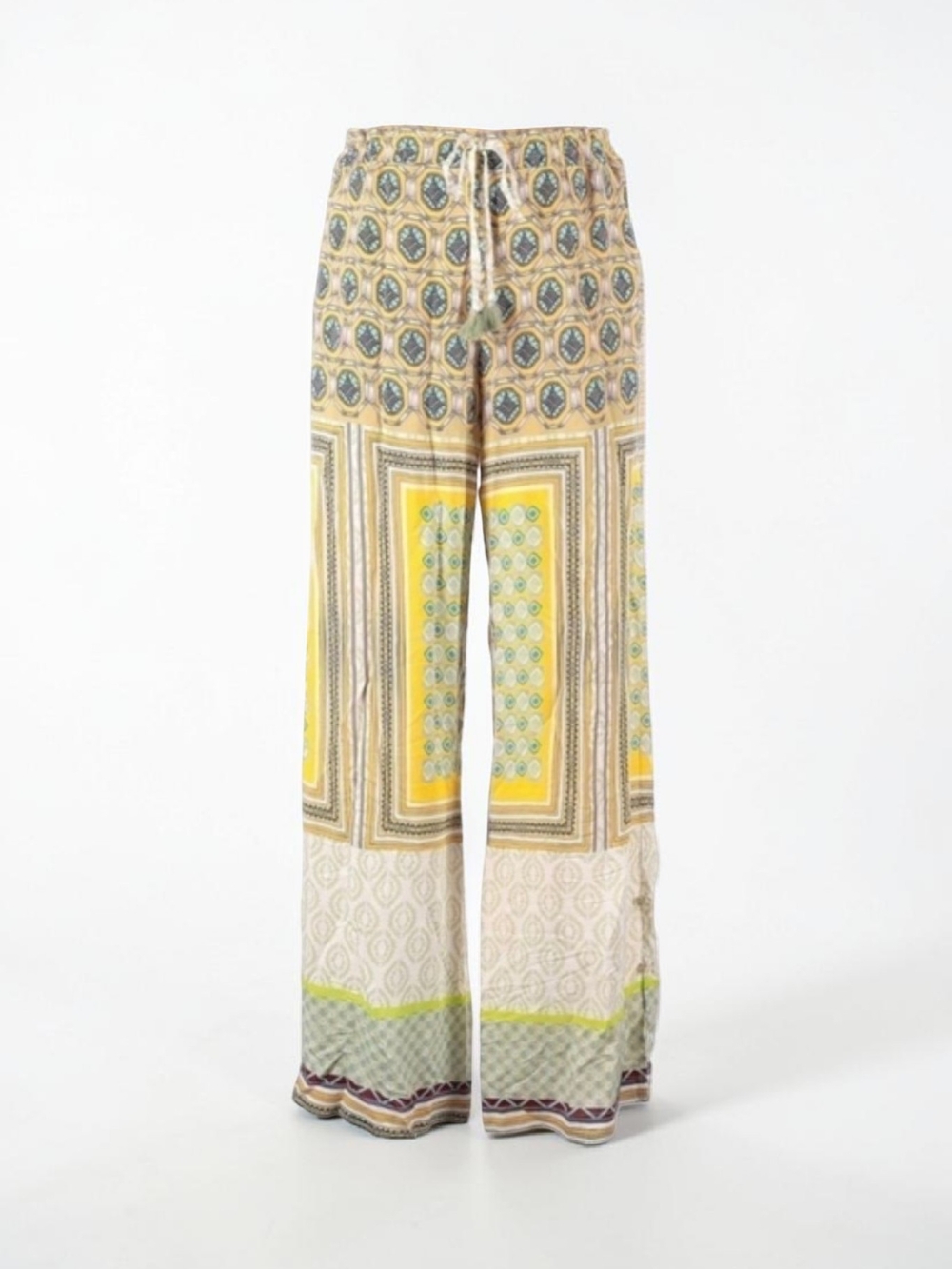 Women's Patterned Wide-Leg Drawstring Pants in Yellow and Cream